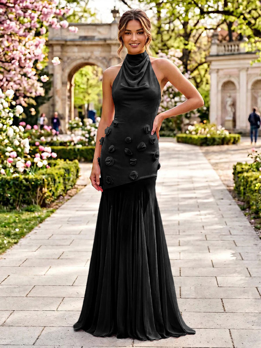 Stretch Mesh Sheath Sheath 3D Flowers Pleats Formal Dresses