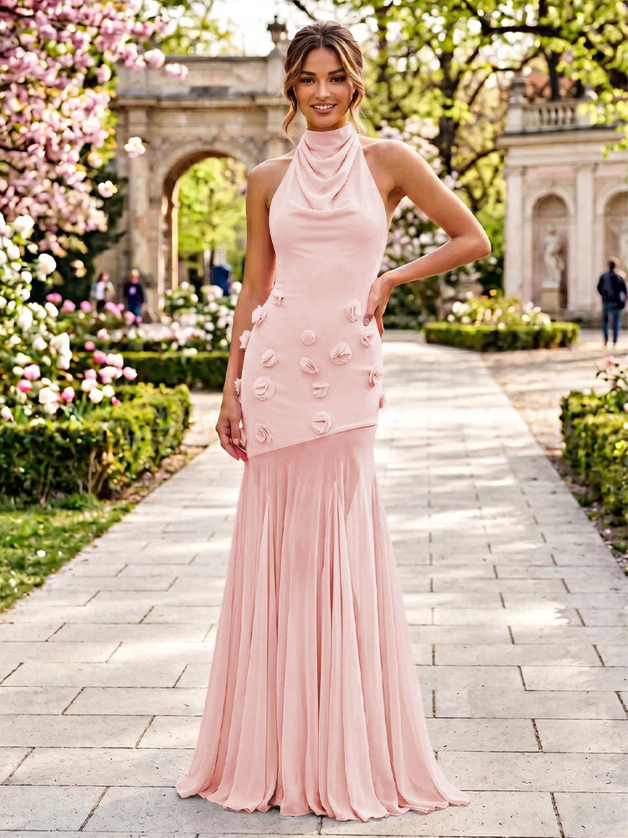 Stretch Mesh Sheath Sheath 3D Flowers Pleats Formal Dresses