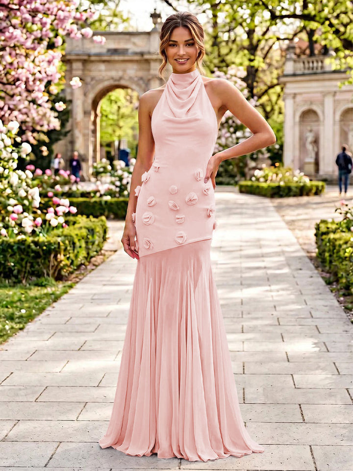 Stretch Mesh Sheath Sheath 3D Flowers Pleats Formal Dresses