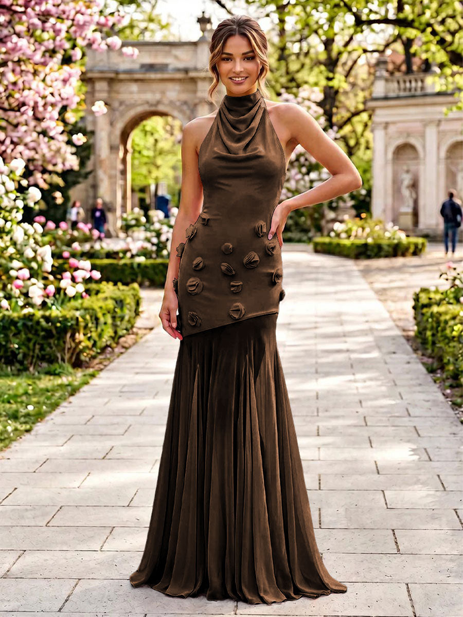 Stretch Mesh Sheath Sheath 3D Flowers Pleats Formal Dresses