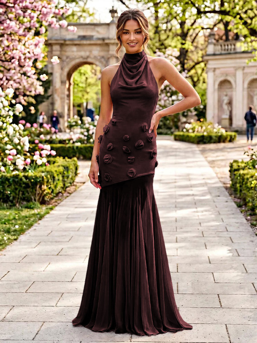Stretch Mesh Sheath Sheath 3D Flowers Pleats Formal Dresses