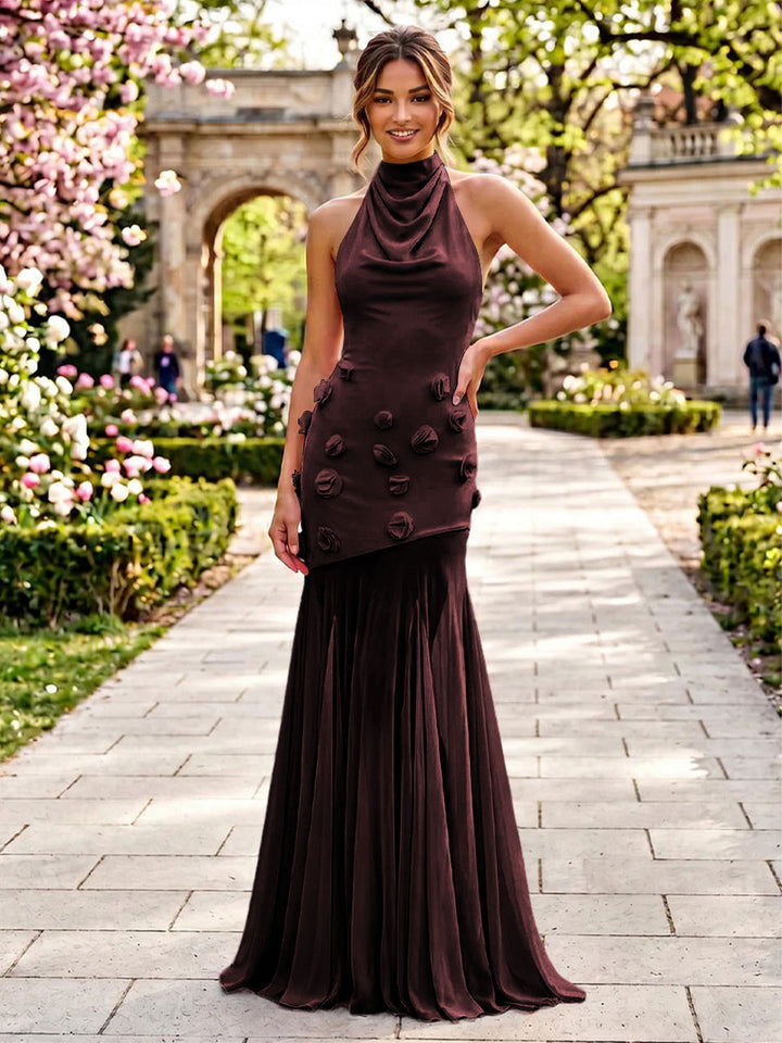 Stretch Mesh Sheath Sheath 3D Flowers Pleats Formal Dresses