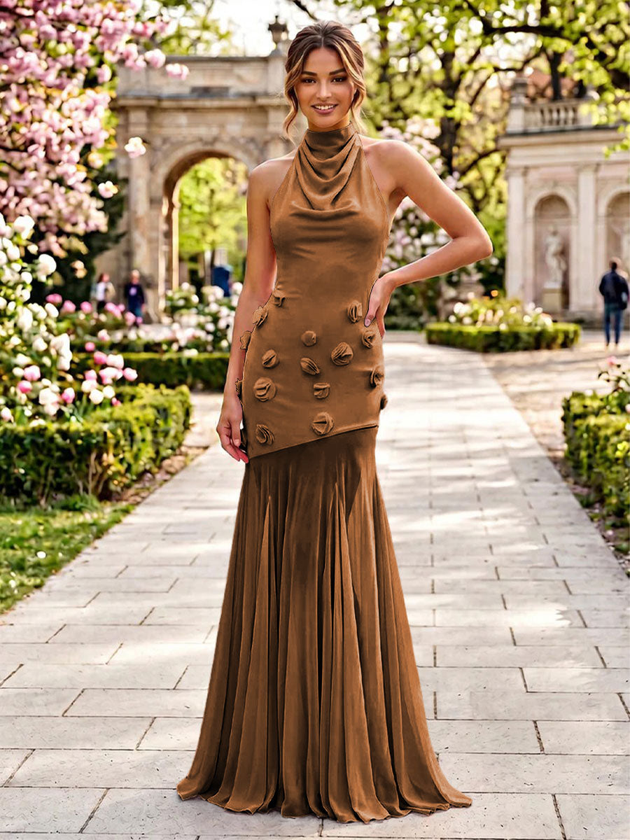 Stretch Mesh Sheath Sheath 3D Flowers Pleats Formal Dresses