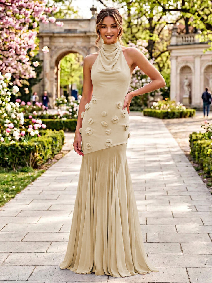 Stretch Mesh Sheath Sheath 3D Flowers Pleats Formal Dresses