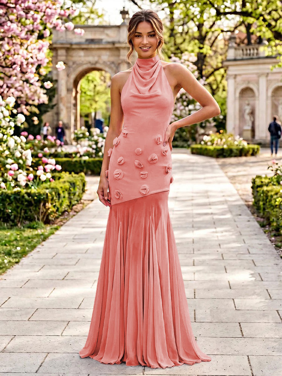 Stretch Mesh Sheath Sheath 3D Flowers Pleats Formal Dresses