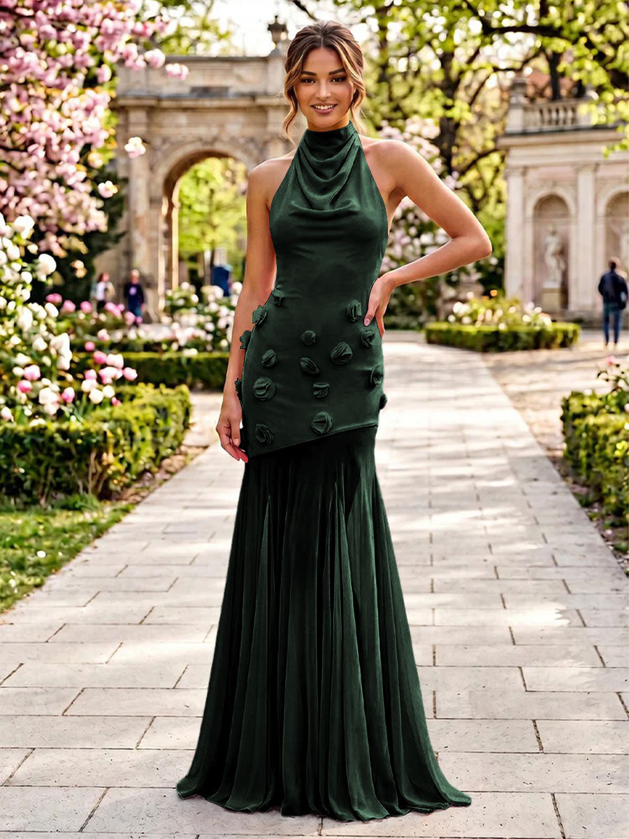 Stretch Mesh Sheath Sheath 3D Flowers Pleats Formal Dresses