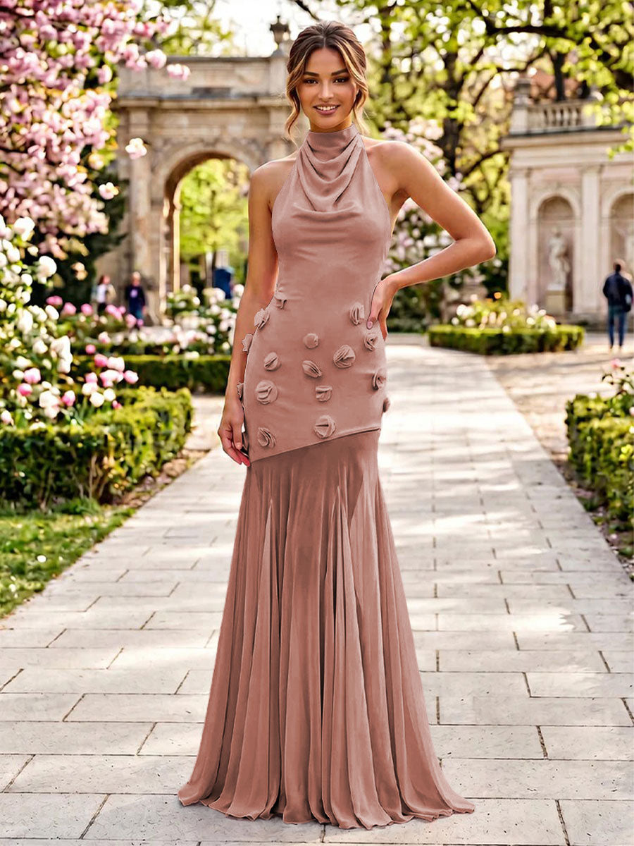 Stretch Mesh Sheath Sheath 3D Flowers Pleats Formal Dresses
