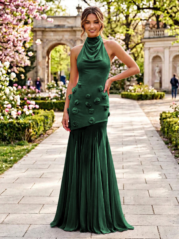 Stretch Mesh Sheath Sheath 3D Flowers Pleats Formal Dresses