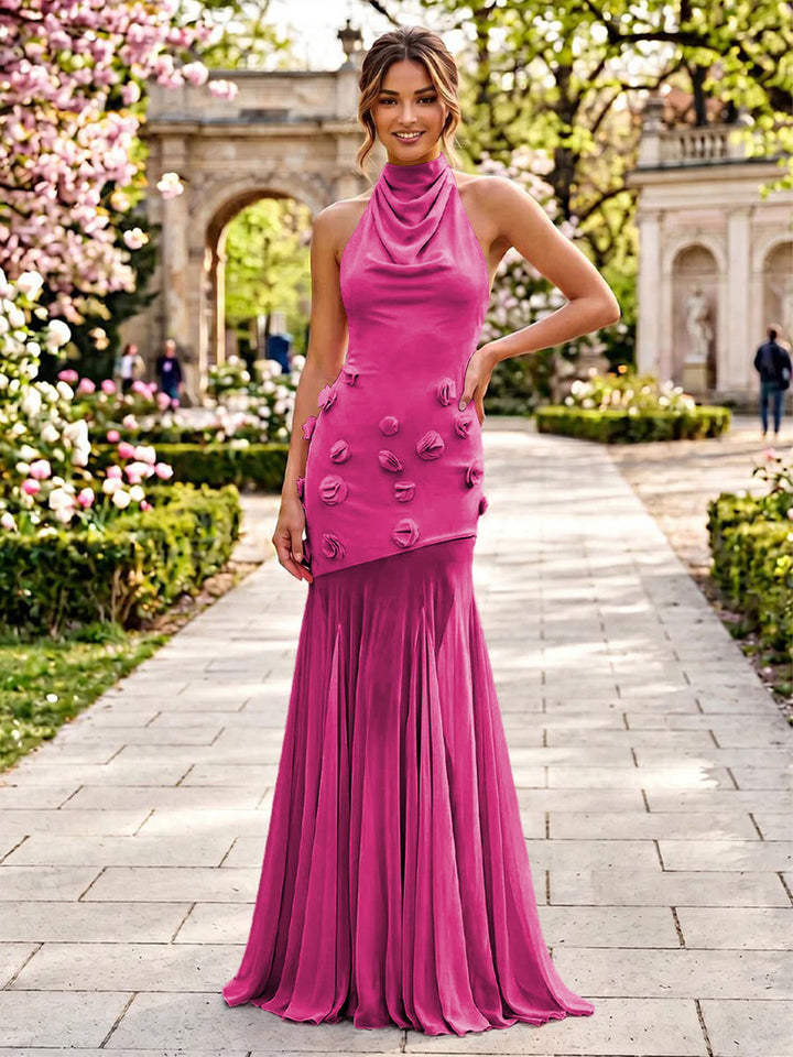 Stretch Mesh Sheath Sheath 3D Flowers Pleats Formal Dresses