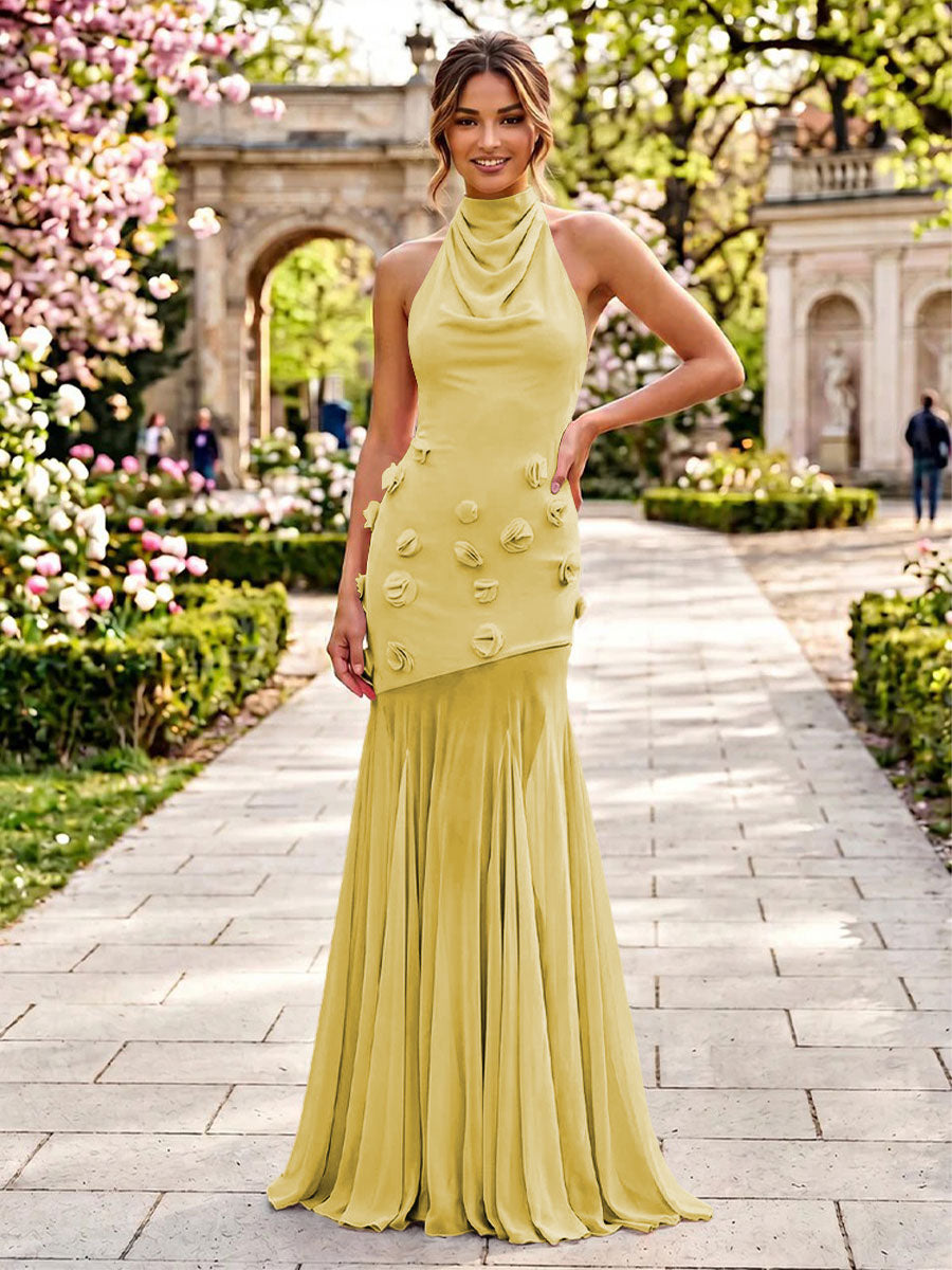 Stretch Mesh Sheath Sheath 3D Flowers Pleats Formal Dresses