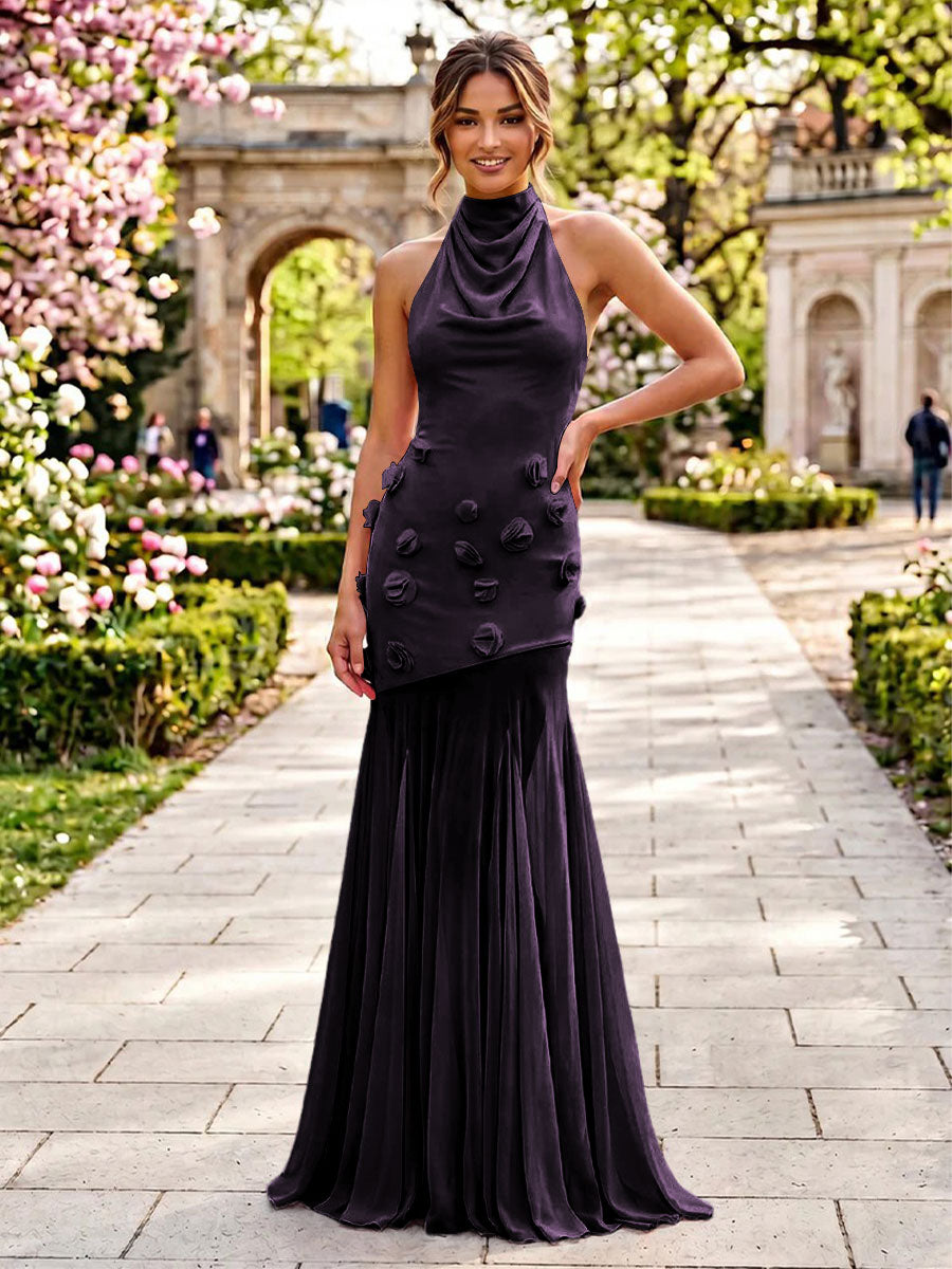 Stretch Mesh Sheath Sheath 3D Flowers Pleats Formal Dresses
