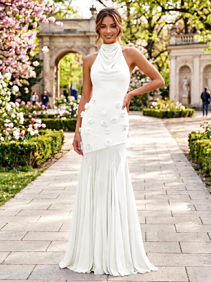 Stretch Mesh Sheath Sheath 3D Flowers Pleats Formal Dresses