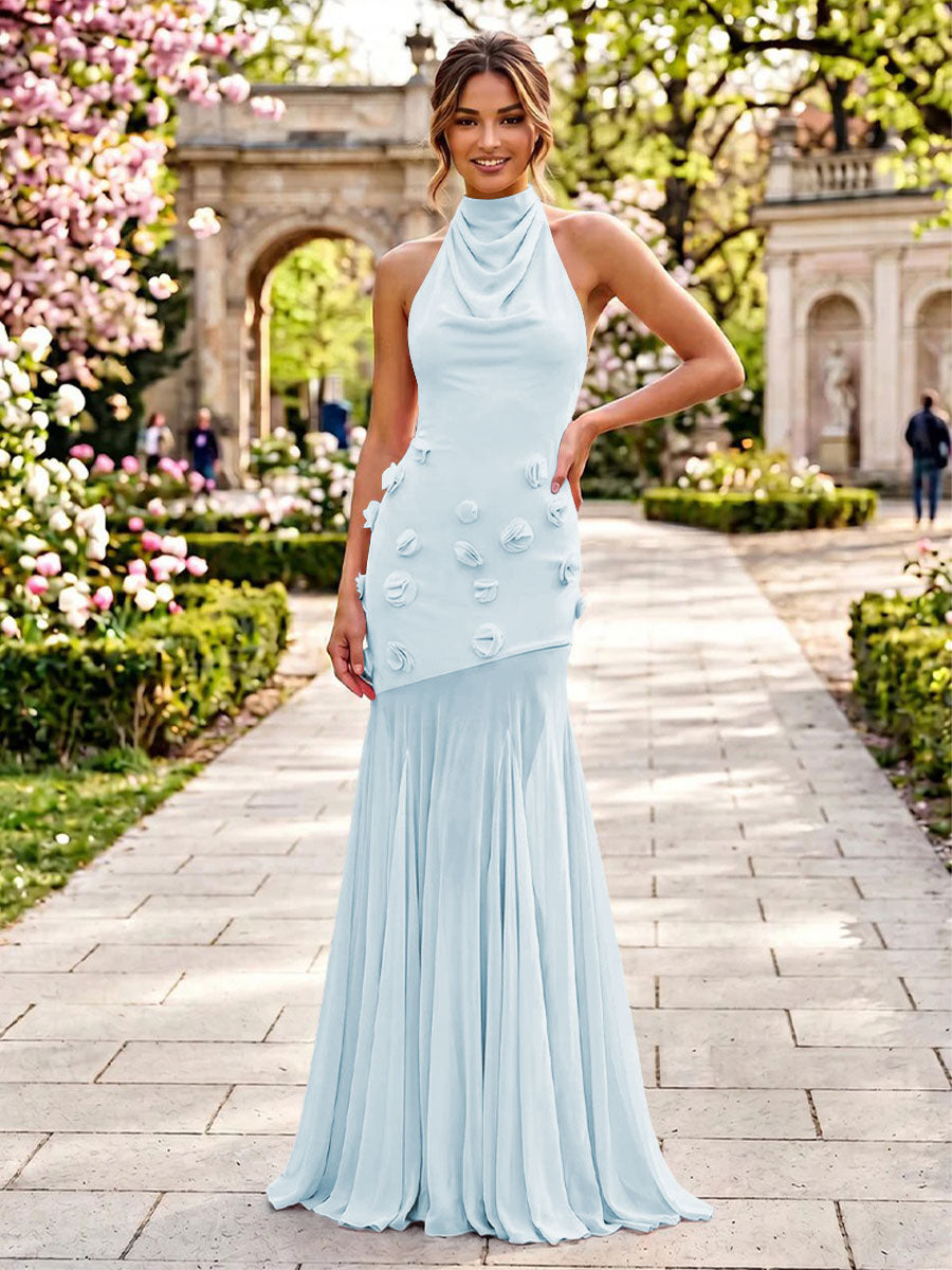 Stretch Mesh Sheath Sheath 3D Flowers Pleats Formal Dresses