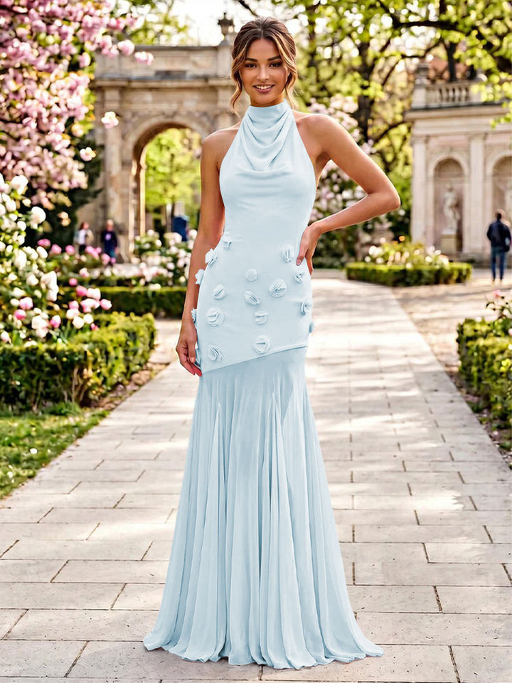 Stretch Mesh Sheath Sheath 3D Flowers Pleats Formal Dresses