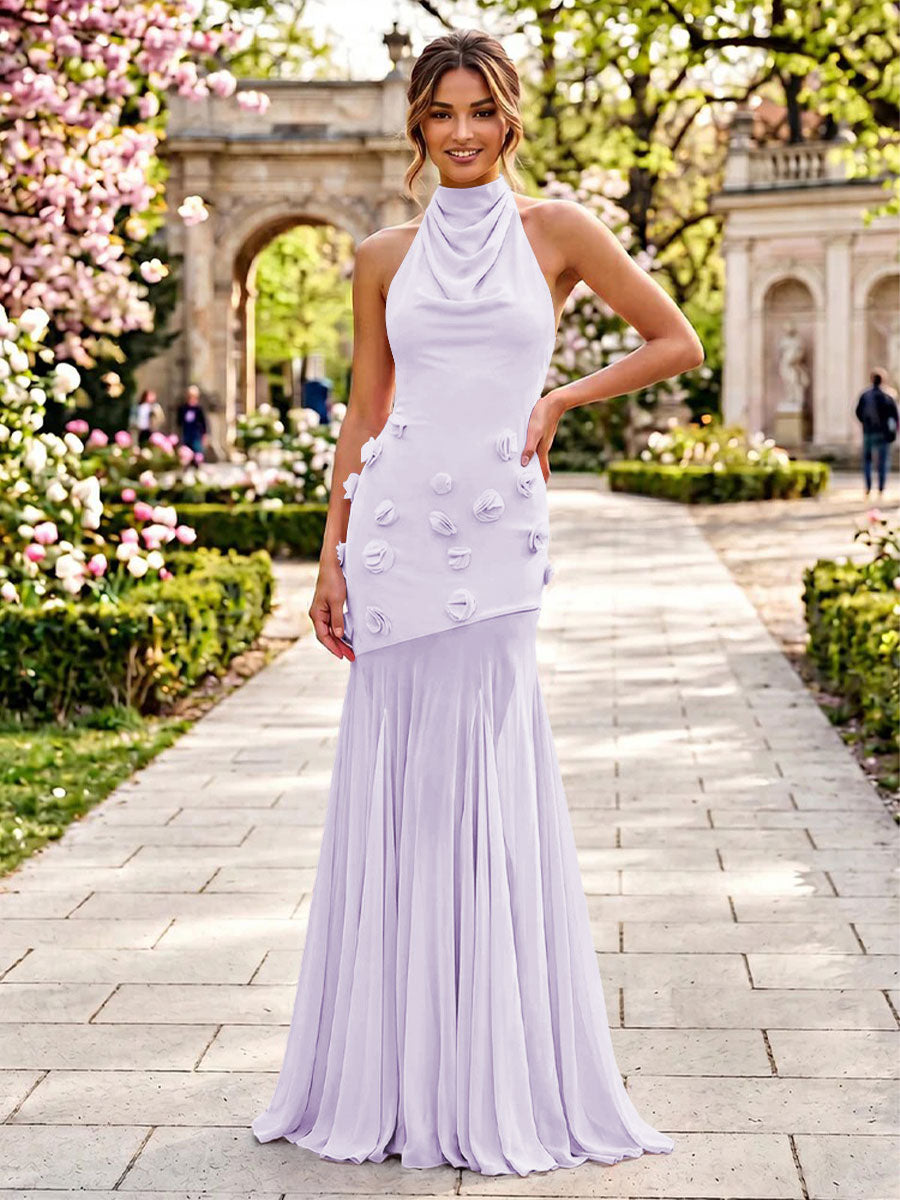 Stretch Mesh Sheath Sheath 3D Flowers Pleats Formal Dresses