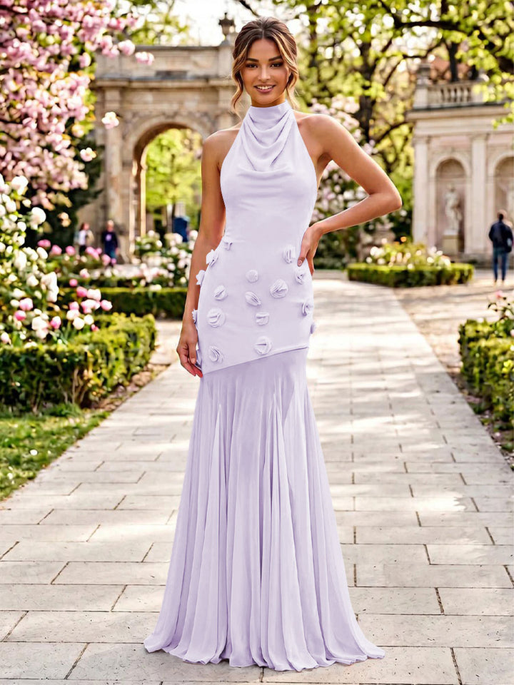 Stretch Mesh Sheath Sheath 3D Flowers Pleats Formal Dresses