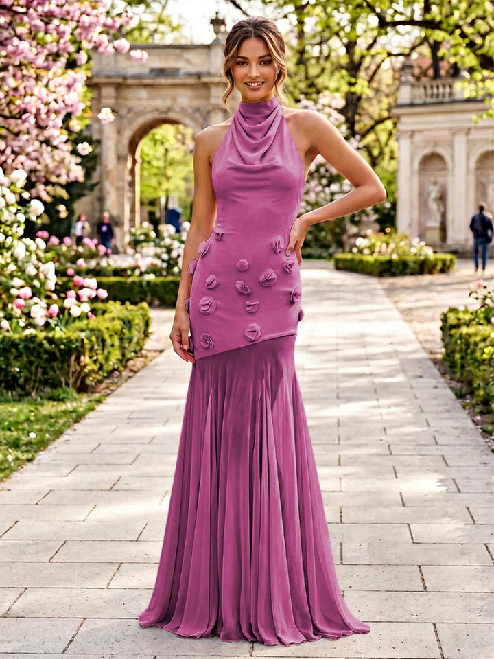 Stretch Mesh Sheath Sheath 3D Flowers Pleats Formal Dresses
