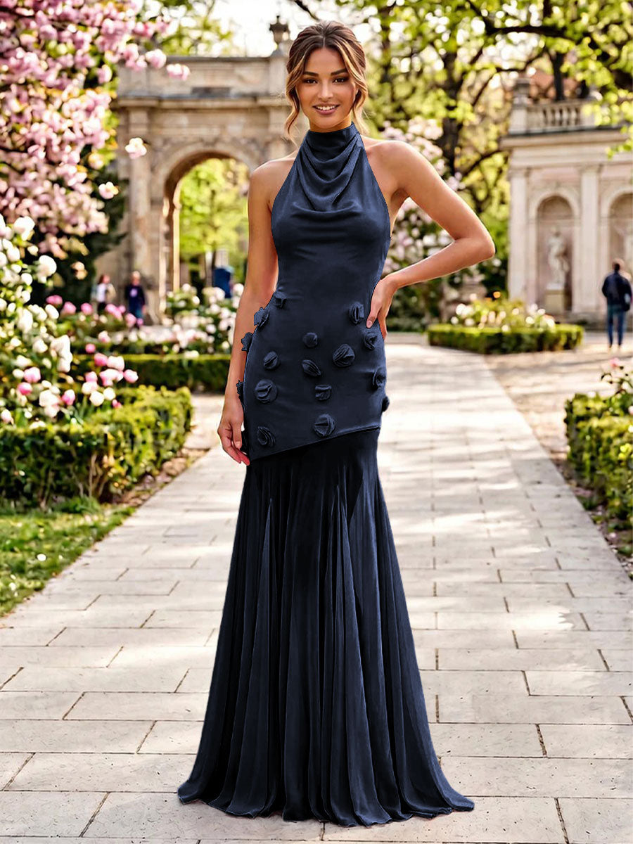 Stretch Mesh Sheath Sheath 3D Flowers Pleats Formal Dresses