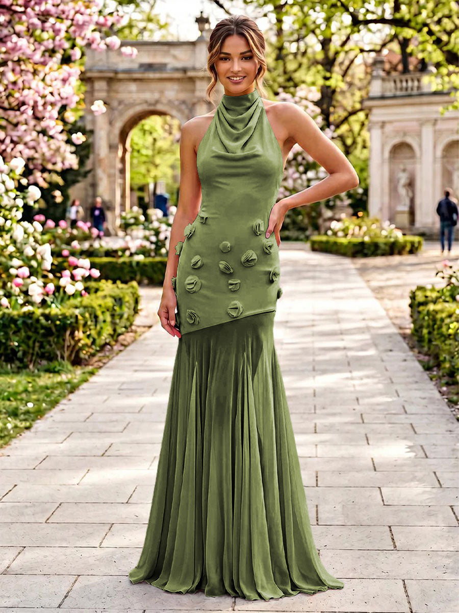 Stretch Mesh Sheath Sheath 3D Flowers Pleats Formal Dresses