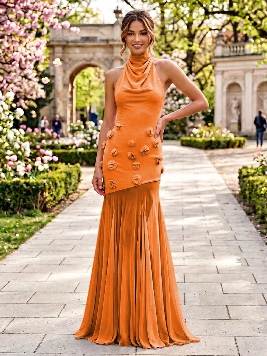 Stretch Mesh Sheath Sheath 3D Flowers Pleats Formal Dresses
