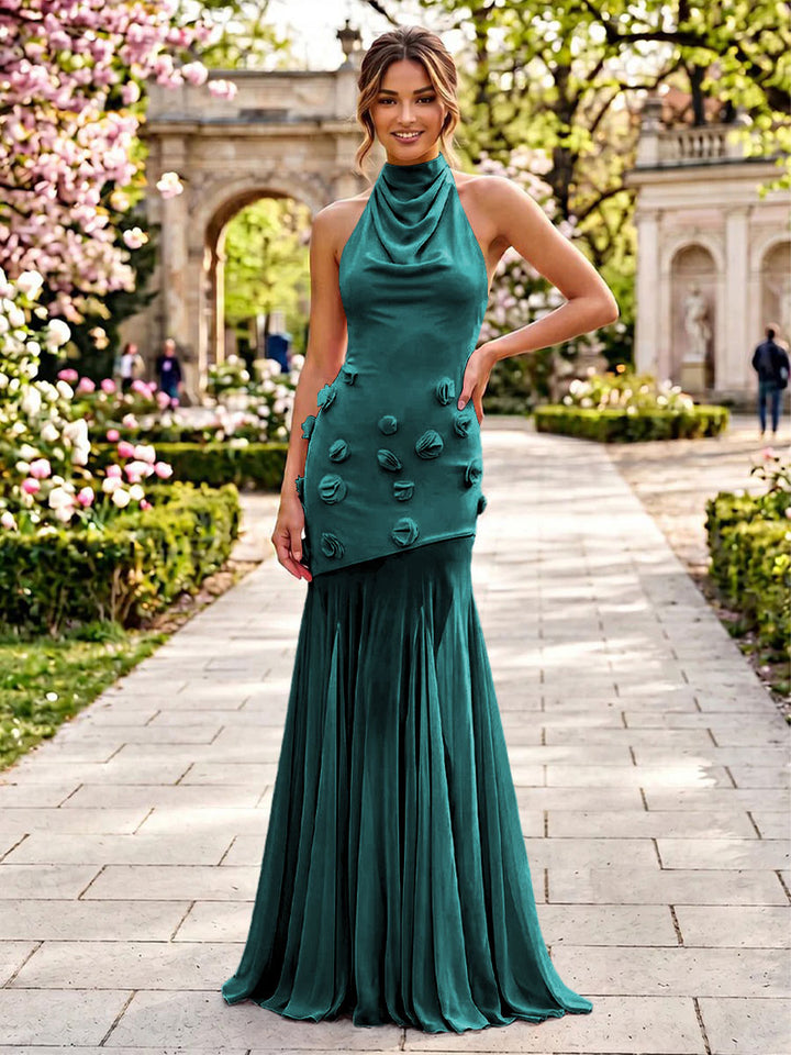 Stretch Mesh Sheath Sheath 3D Flowers Pleats Formal Dresses