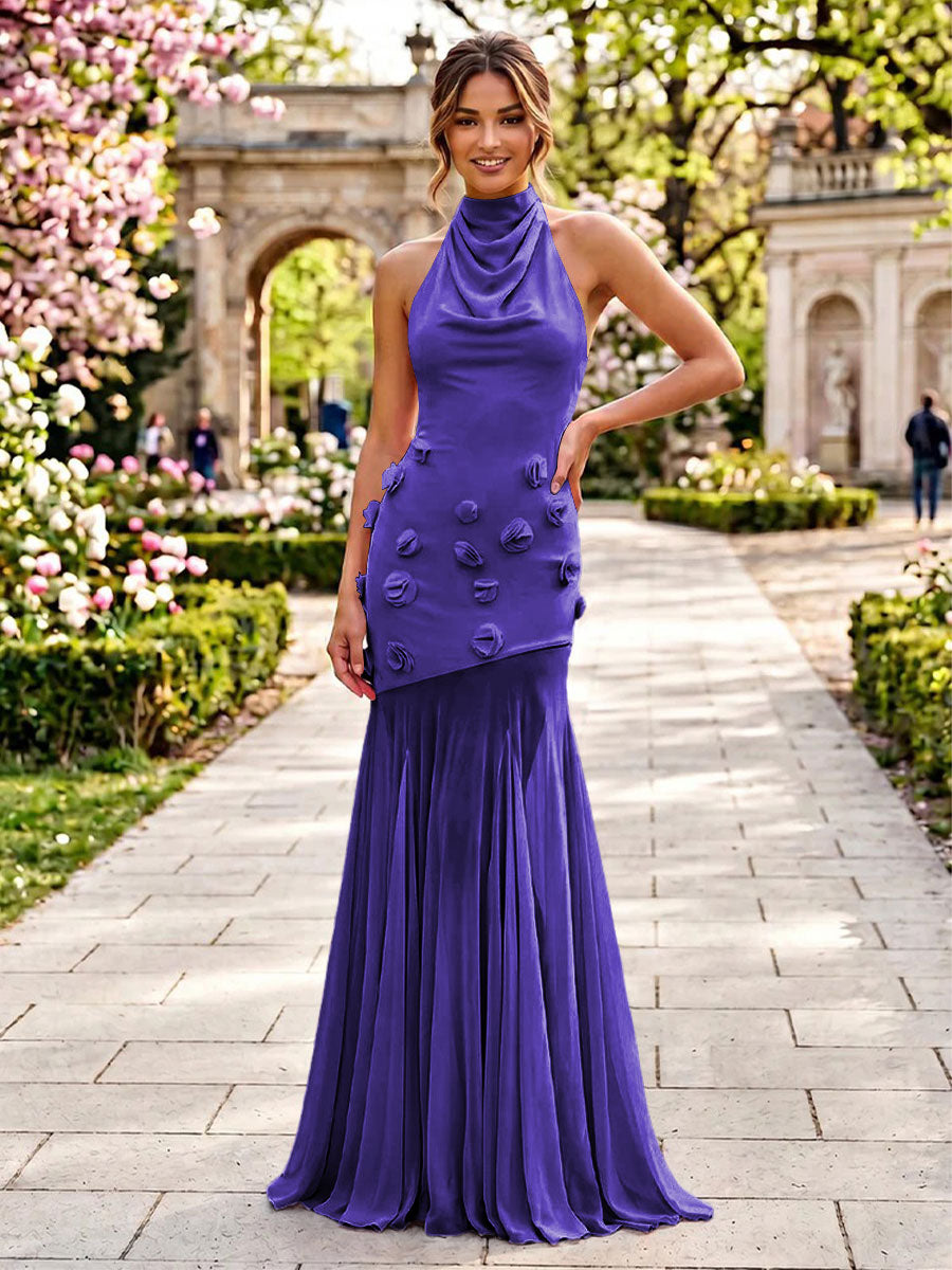 Stretch Mesh Sheath Sheath 3D Flowers Pleats Formal Dresses