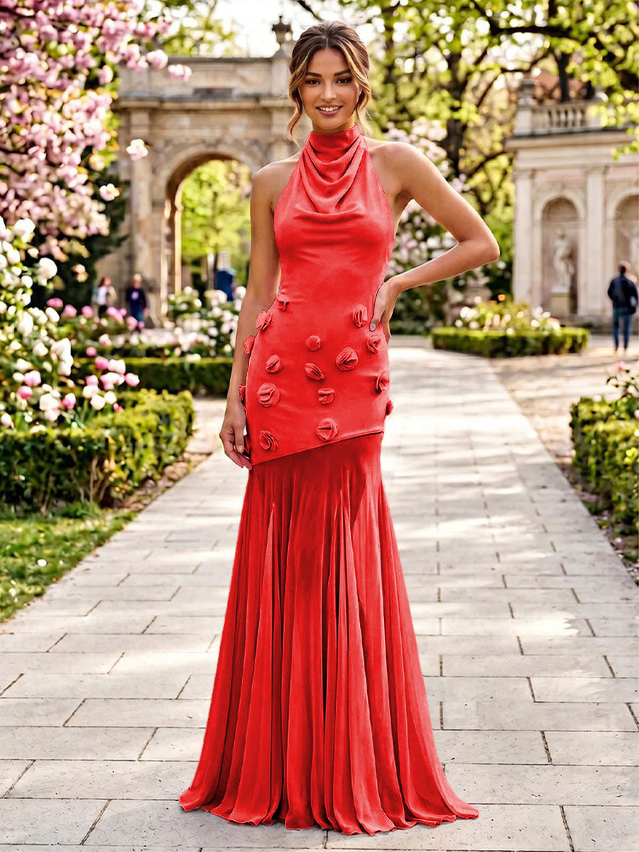 Stretch Mesh Sheath Sheath 3D Flowers Pleats Formal Dresses