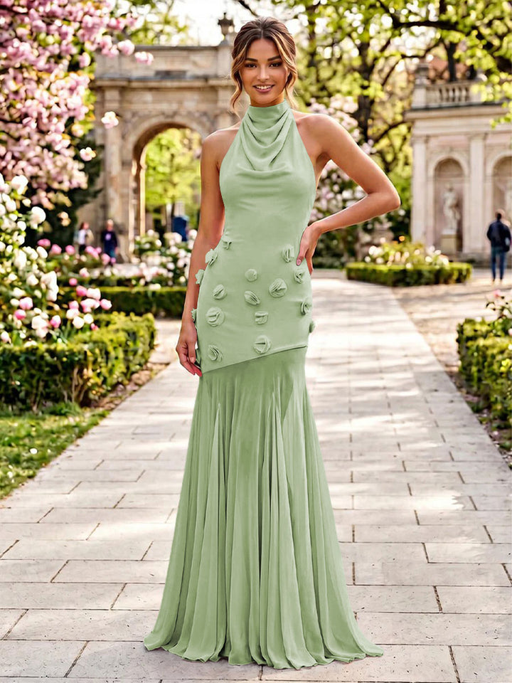 Stretch Mesh Sheath Sheath 3D Flowers Pleats Formal Dresses