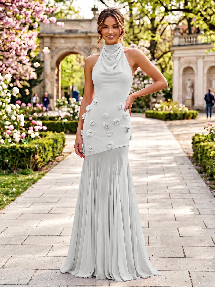 Stretch Mesh Sheath Sheath 3D Flowers Pleats Formal Dresses