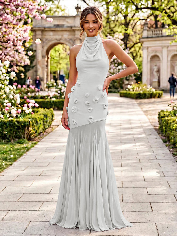Stretch Mesh Sheath Sheath 3D Flowers Pleats Formal Dresses