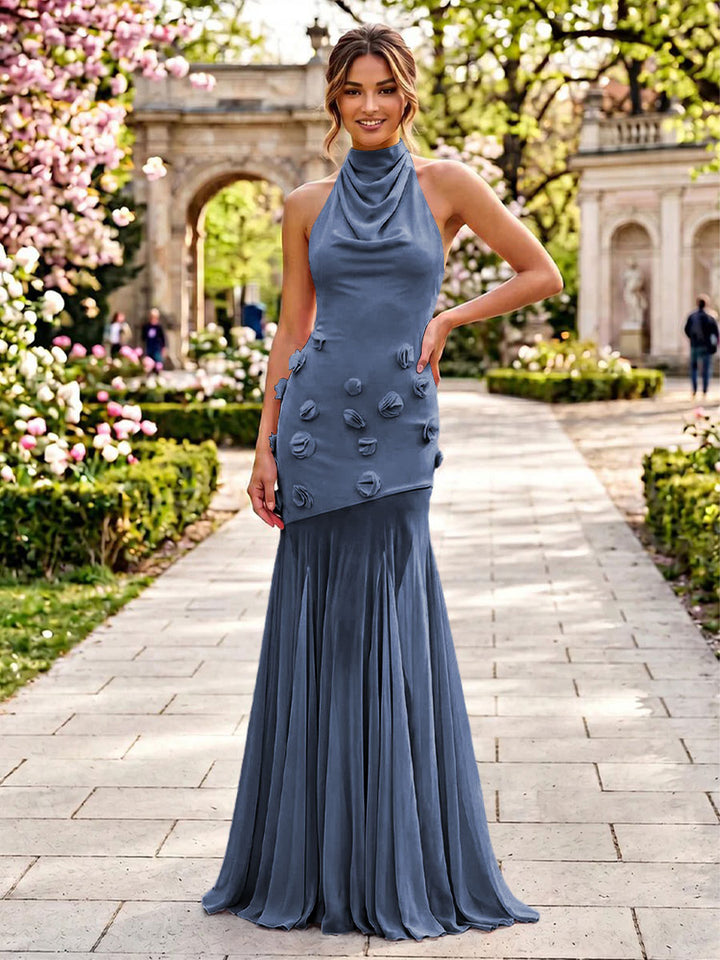 Stretch Mesh Sheath Sheath 3D Flowers Pleats Formal Dresses