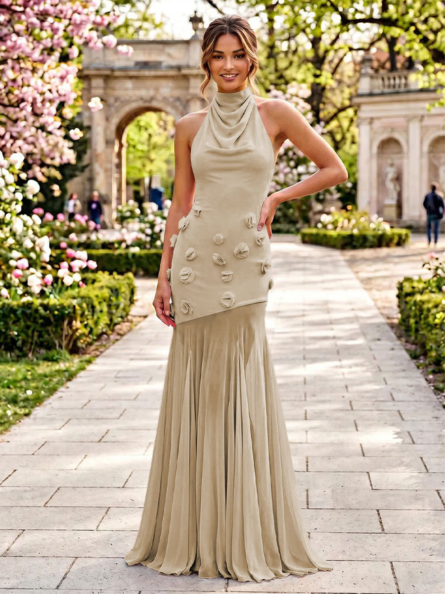 Stretch Mesh Sheath Sheath 3D Flowers Pleats Formal Dresses