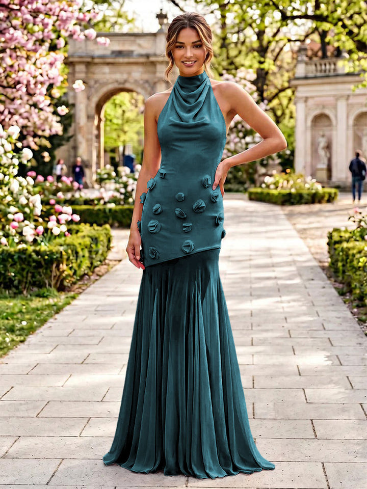 Stretch Mesh Sheath Sheath 3D Flowers Pleats Formal Dresses