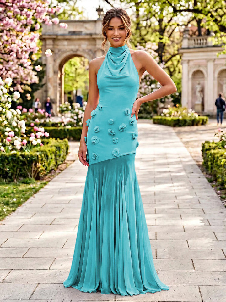 Stretch Mesh Sheath Sheath 3D Flowers Pleats Formal Dresses