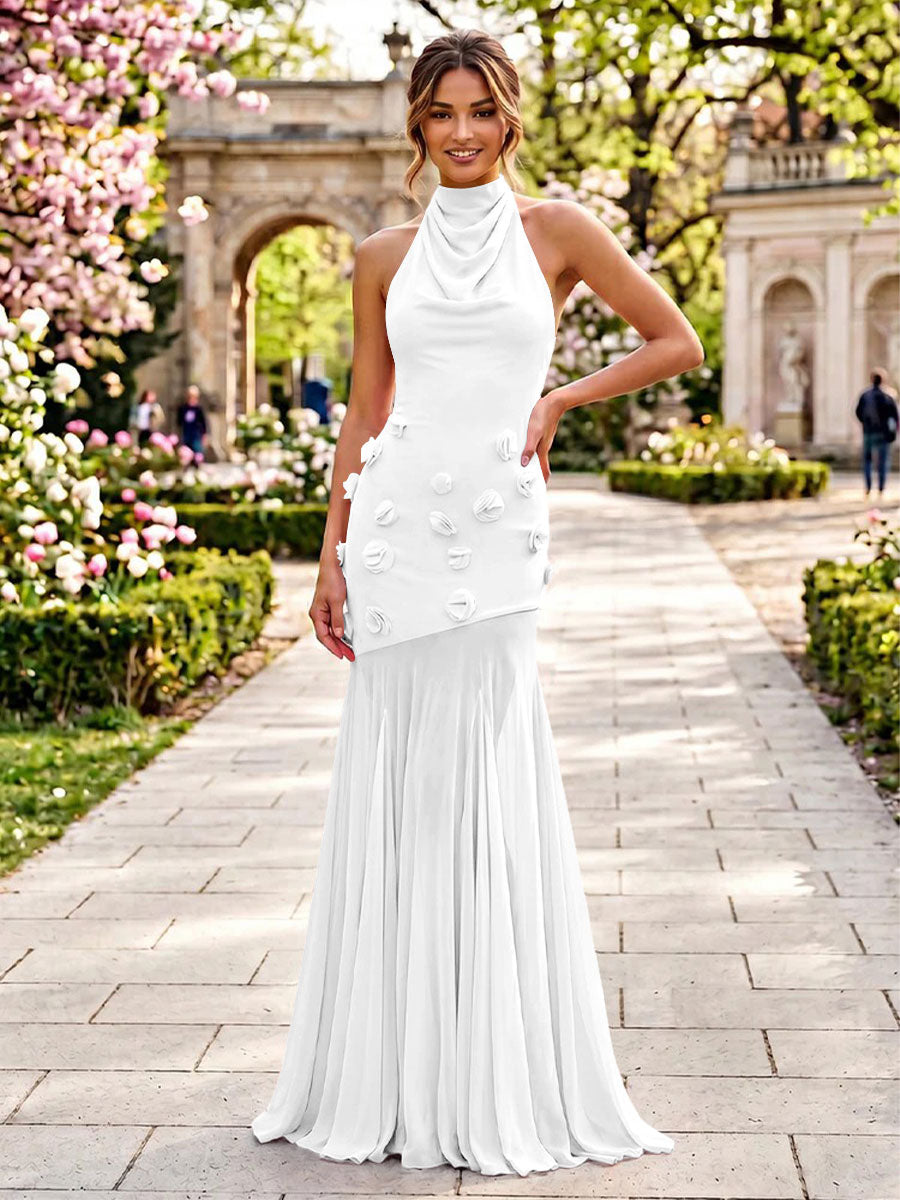 Stretch Mesh Sheath Sheath 3D Flowers Pleats Formal Dresses