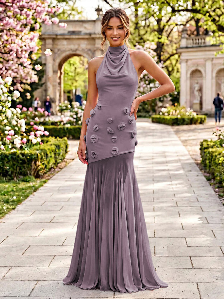 Stretch Mesh Sheath Sheath 3D Flowers Pleats Formal Dresses