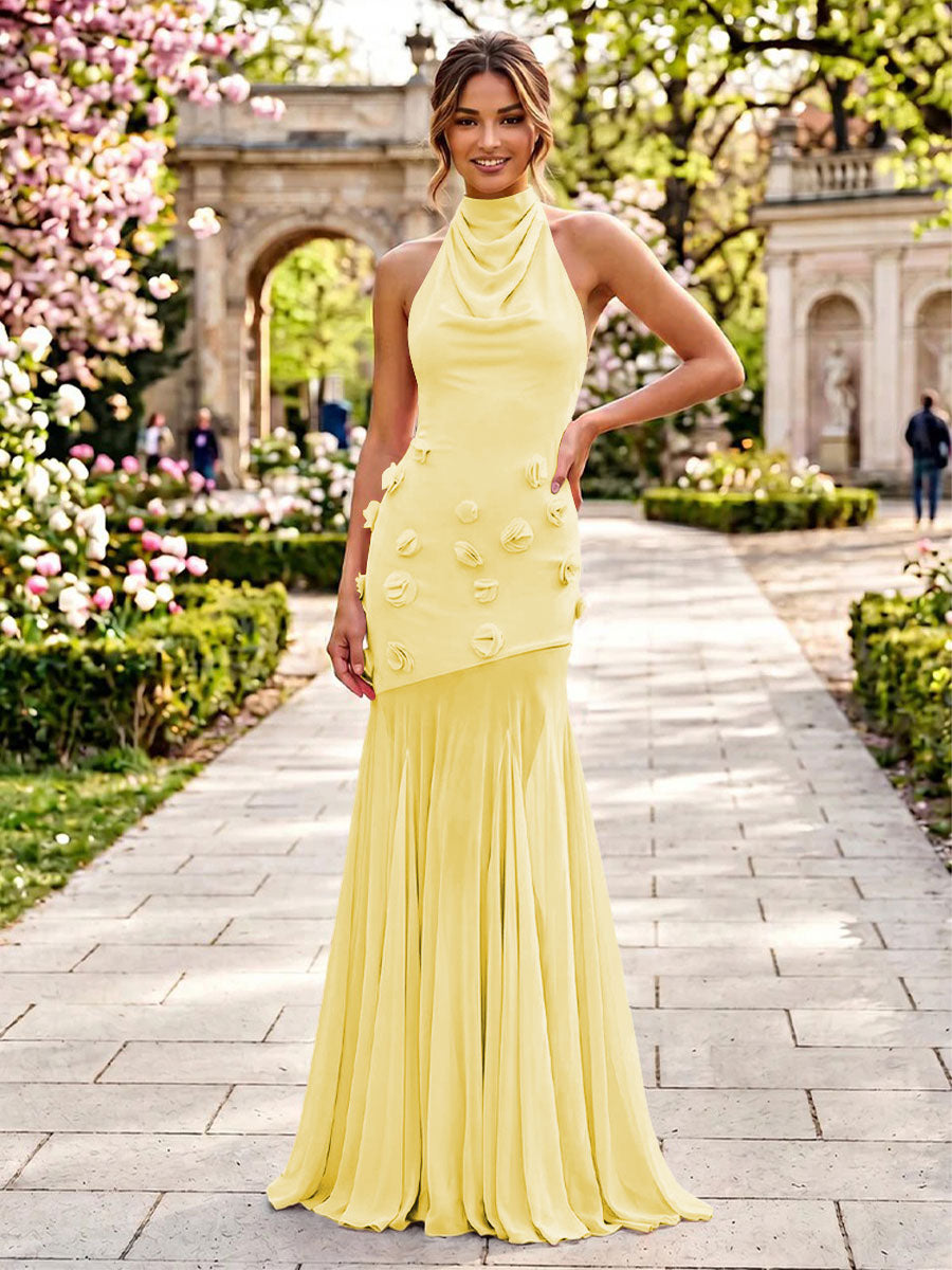 Stretch Mesh Sheath Sheath 3D Flowers Pleats Formal Dresses