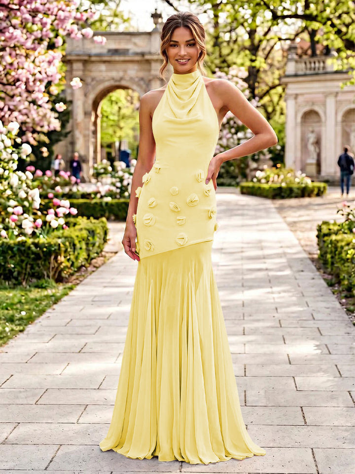 Stretch Mesh Sheath Sheath 3D Flowers Pleats Formal Dresses
