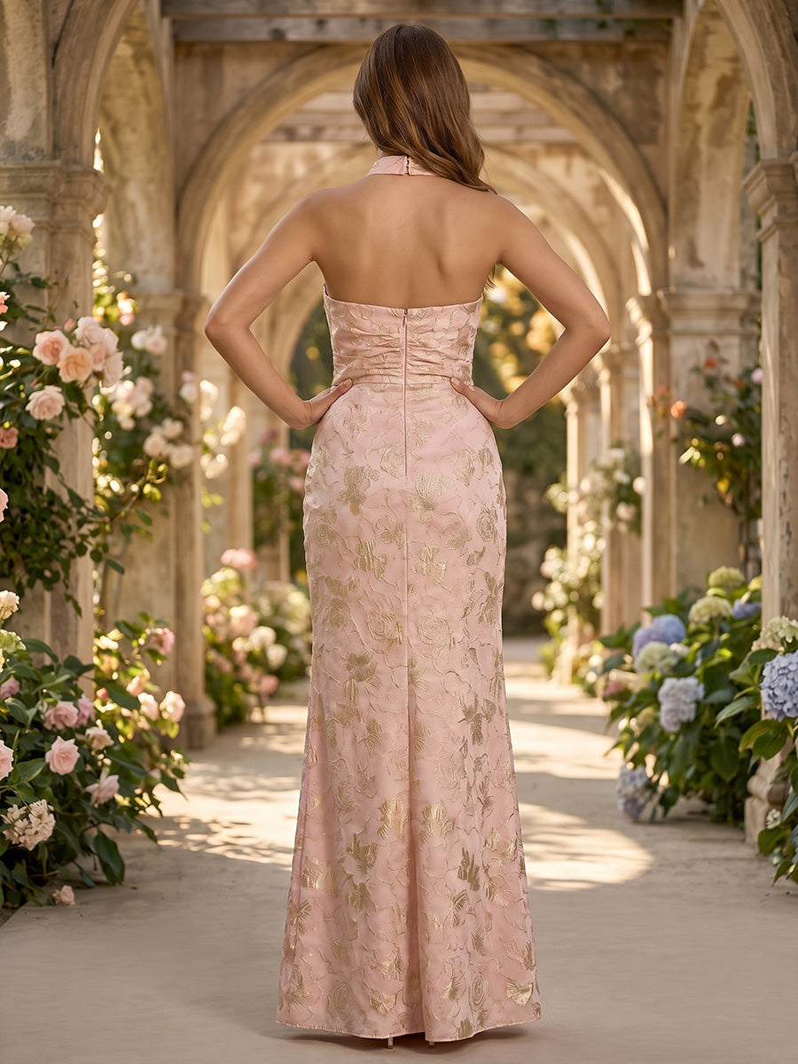Floral Jacquard Sheath Halter Slit Pleats Formal Dresses