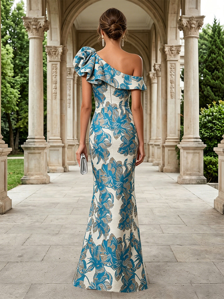 Jacquard Mermaid One Shoulder 3D Flowers Ruffles Evening Dresses