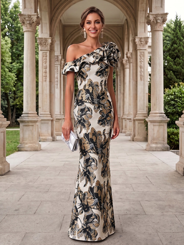 Jacquard Mermaid One Shoulder 3D Flowers Ruffles Evening Dresses