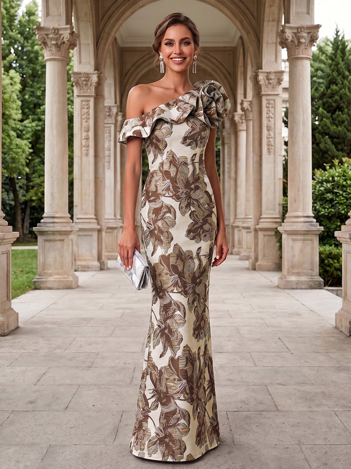 Jacquard Mermaid One Shoulder 3D Flowers Ruffles Evening Dresses