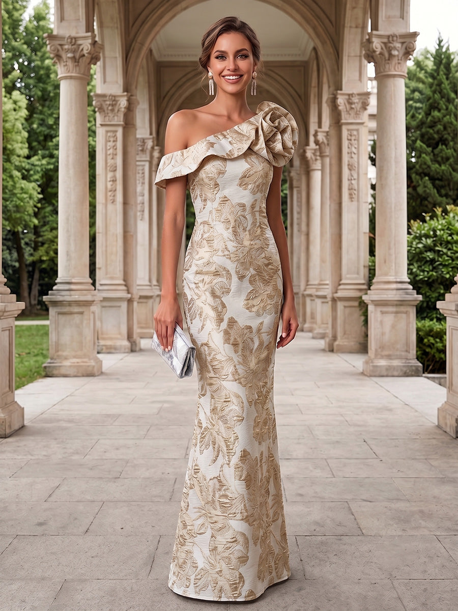 Jacquard Mermaid One Shoulder 3D Flowers Ruffles Evening Dresses
