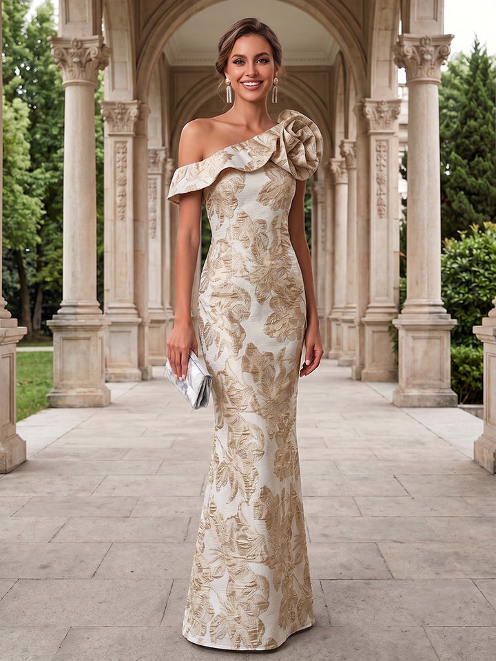 Jacquard Mermaid One Shoulder 3D Flowers Ruffles Evening Dresses