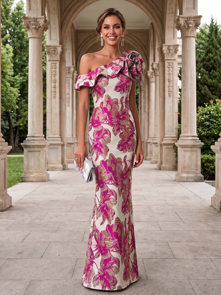 Jacquard Mermaid One Shoulder 3D Flowers Ruffles Evening Dresses