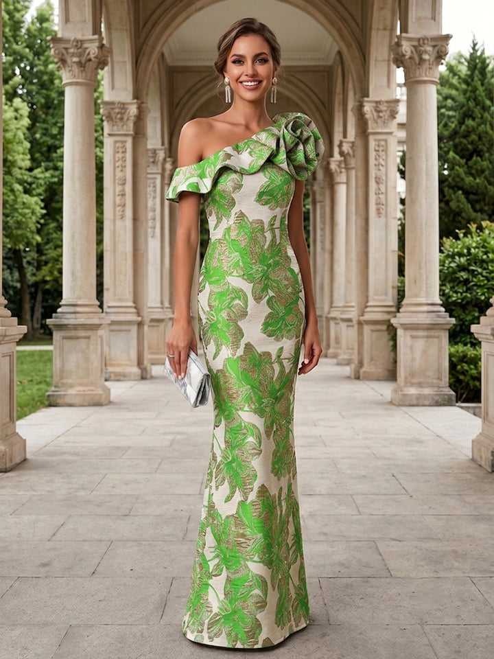 Jacquard Mermaid One Shoulder 3D Flowers Ruffles Evening Dresses