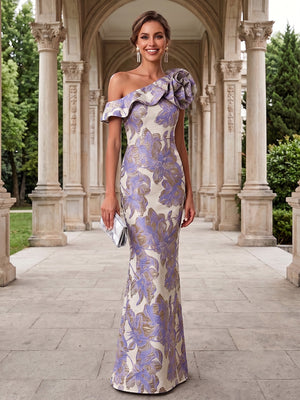 Jacquard Mermaid One Shoulder 3D Flowers Ruffles Formal Dresses