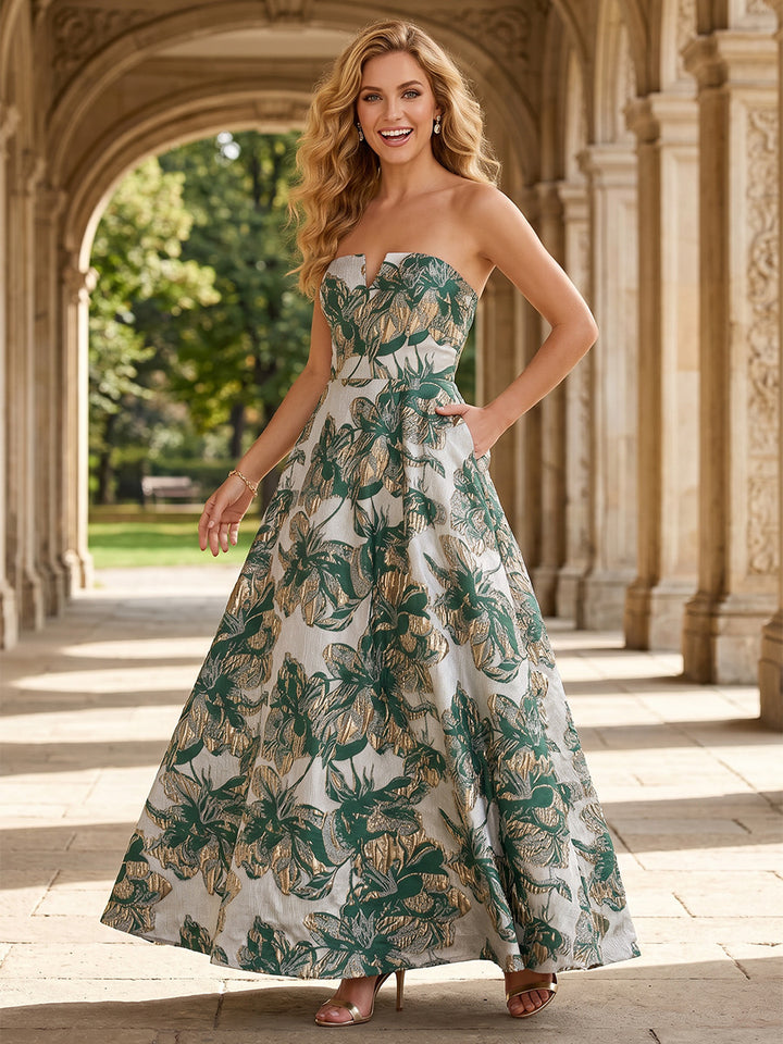 Jacquard A Line Strapless Modest V Neck Pocket Evening Dresses