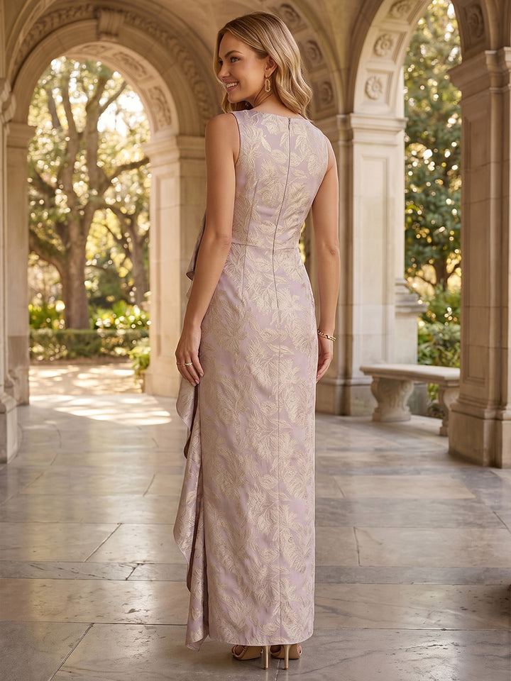 Floral Print Sheath Jewel Neck Ruffles Formal Dresses