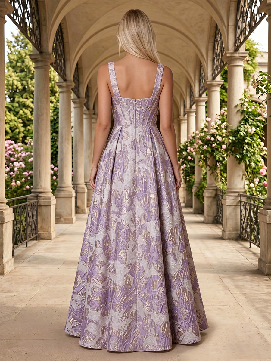 Jacquard A Line Square Neck Pleats Side Slit Evening Dresses